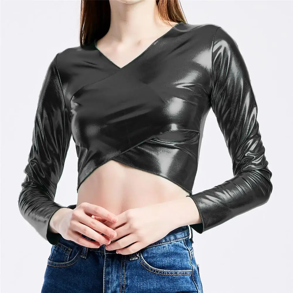 Sexy PU Leather Crop Top Women Shiny Gold Silver Costumes T Shirt Club Tank Tee Stweetwear Upper Outer Garment | Женская одежда