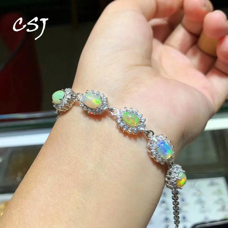 CSJ Natural Opal Bracelet Sterling 925 Silver Ethiopia Opal Gemstone Oval 5*7mm Bangle Jewelry for Women Birthday Party Gift