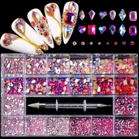 mixed ab glass crystal diamond ss4 ss20 flat rhinestone nail art decoration 21 grid box nails accessories set with 1 pick up pen