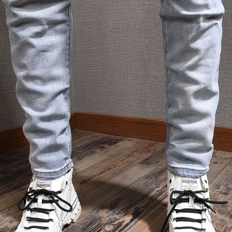 Korean Style Fashion Men Jeans Retro Light Blue Elastic Slim Fit Destroyed Ripped Jeans Men Streetwear Denim Punk Pencil Pants