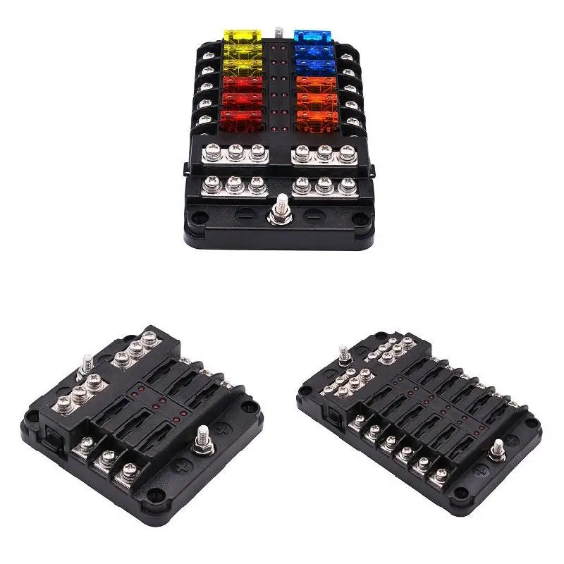 12V 32V Plastic Cover Fuse Box Holder M5 12 Stud with LED Indicator Light 6/12 Ways Blades for Car F-Best | Автомобили и