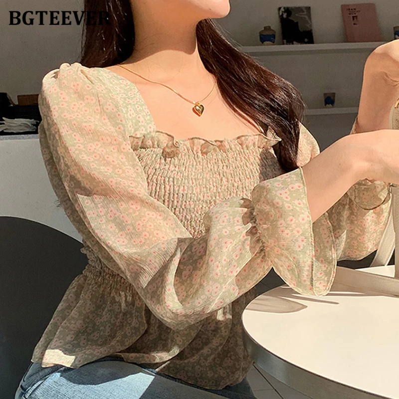 Блузка BGTEEVER женская шифоновая с цветочным принтом элегантная повседневная
