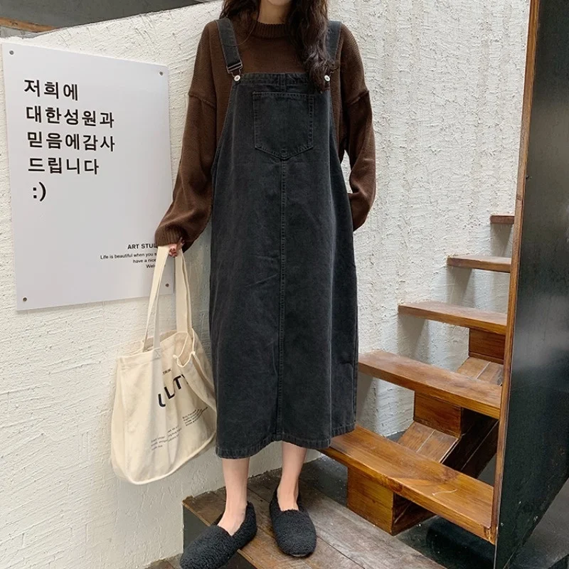 

Loose Retro Denim Brace Dress for Women Autumn and Winter 2021 New Korean Style Anti-aging Western Style Below the Knee Long