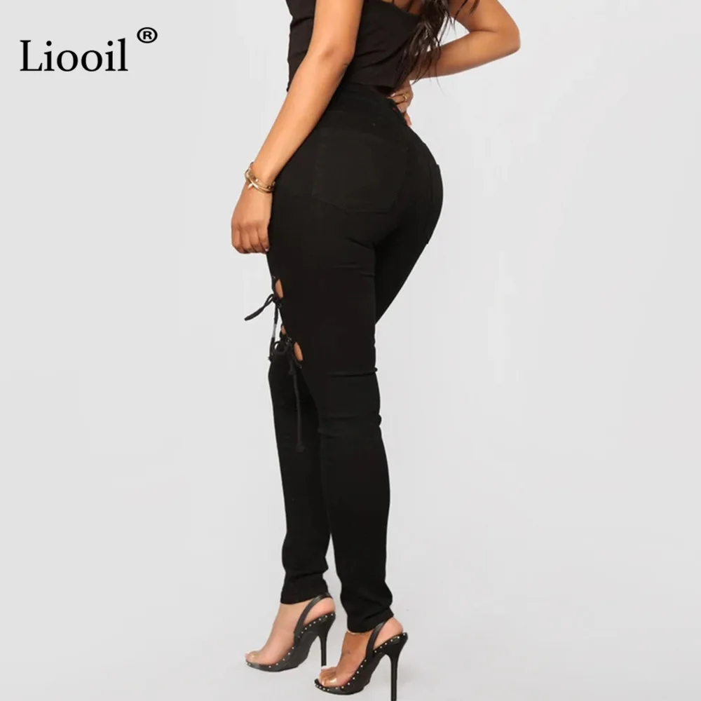 

Liooil Plus Size Black Bandage Pencil Jeans For Women 2021 Streetwear High Waist Skinny Jean Trouser Hollow Out Sexy Denim Pants