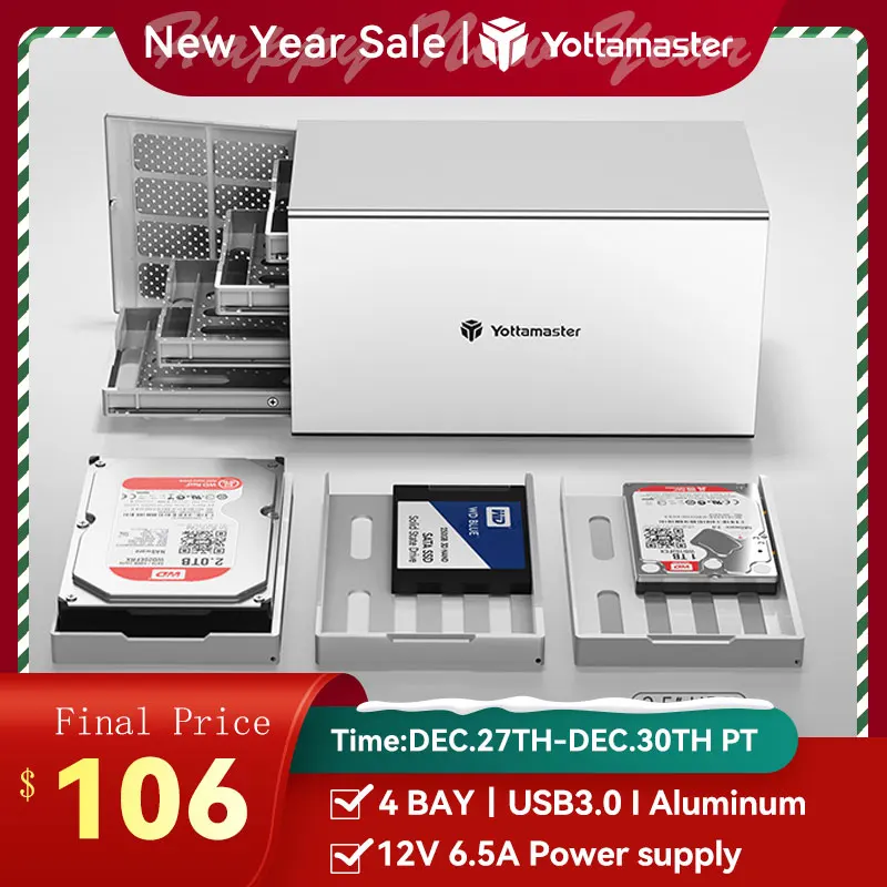 Корпус для внешнего жесткого диска Yottamaster PS400U3 алюминиевый, 4 отсека, 2,5 дюйма/3,5 дюйма, USB, поддержка 4x16 Тб, для личных накопителей - изображение