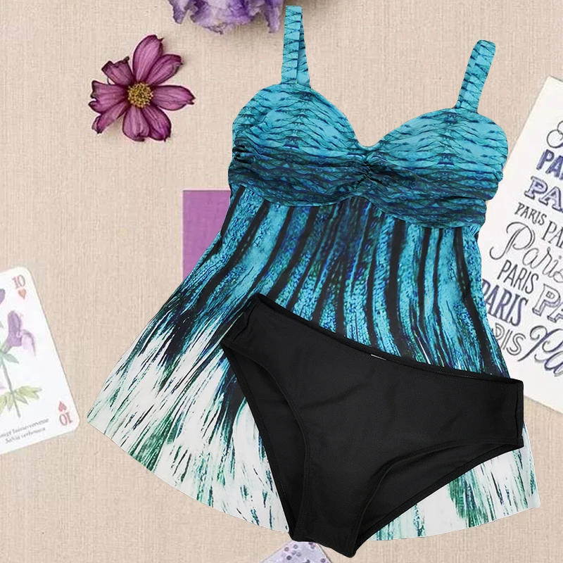 

Summer Backless Print Tankini Tummy Control Two Piece High Waist Bathing Suit Plus Size Sexy Halter Beach Party Swim Dress Sets