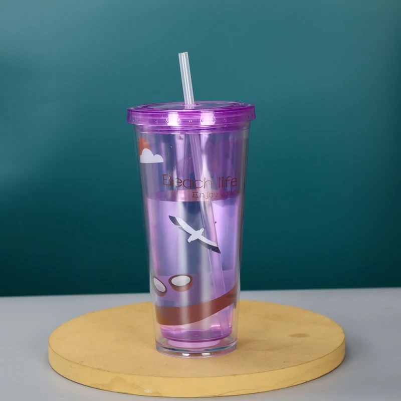 

Dome Lids Reusable Clear Water Bottle Transparent Tumbler Fruit Cup Portable Cups Outdoor Double Layer Drink Cups With Straw