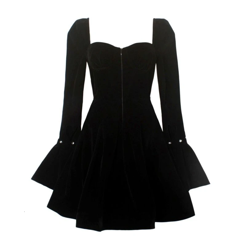 black TWOTWINSTYLE винтажное лоскутное платье с бриллиантами, женское бальное платье с квадратным воротником и расклешенным длинным рукавом с высокой талией, женская одежда - Цвет: black