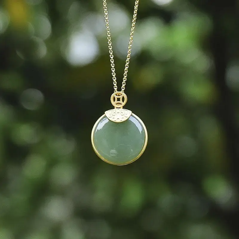 

Natural Hetian Jade Green Jade Pendant S925 Sterling Silver round Jade Necklace Women's Simple Craft Birthday Gift Jewelry