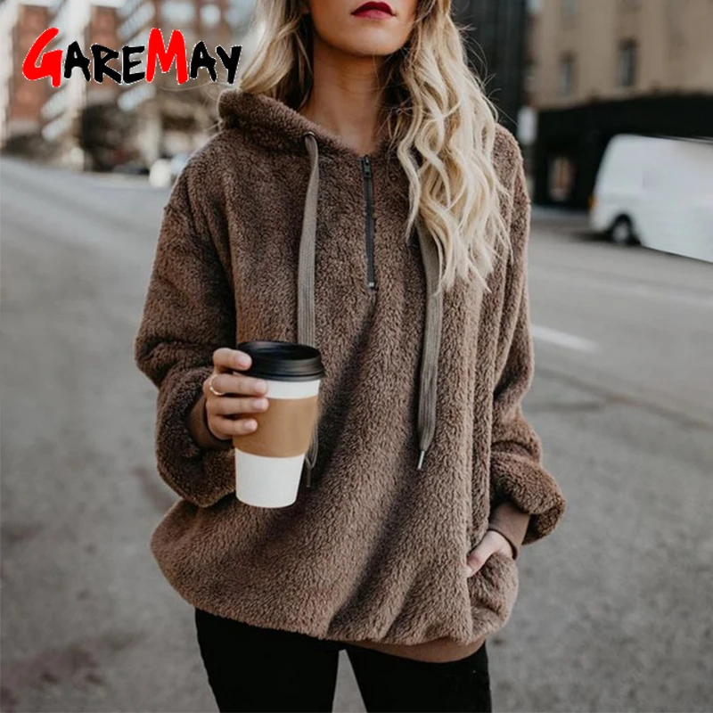 Женская зимняя толстовка с капюшоном пушистый флисовый пуловер плюшевым