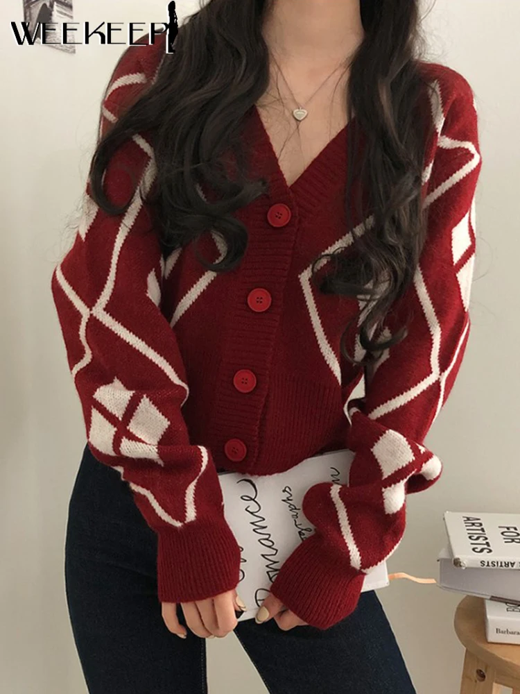 

Weekeep Casual Red Sweater Women Baggy Argyle Plaid Print Long Sleeve V Neck Button Up Knitted Jumpers Autumn Basic Y2k Cardigan