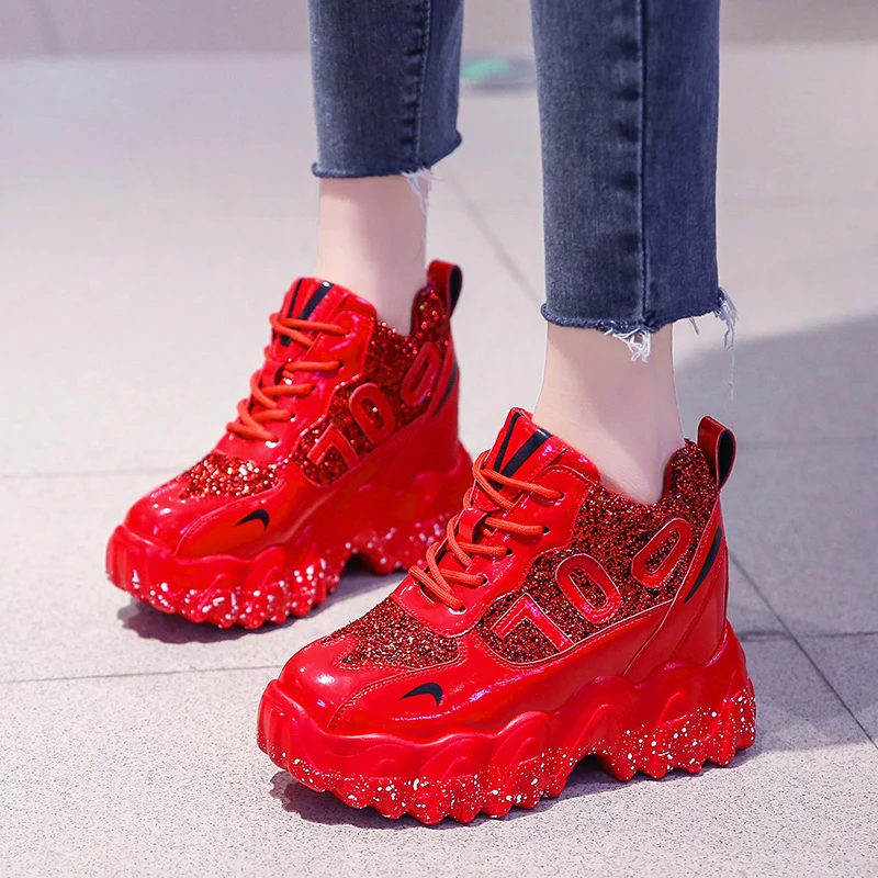 Women Platform Sneakers 2020 Spring Casual Shoes 9.5CM Heels Red Vulcanized Designer Bling Chunky Dad | Обувь