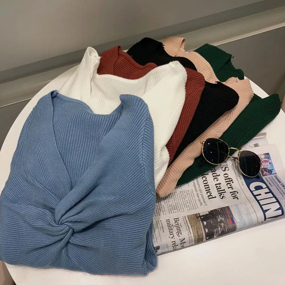 

Women 2019 Chic V Neck Sexy Sweater Knitted Solid Color Slim Pullovers Autumn Winter Korean Style Female Sweaters Fashionable