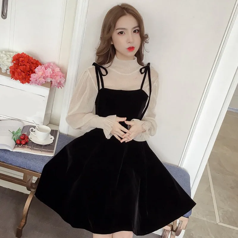 Женский прозрачный топ с длинными рукавами фонариками + платье комплект из 2