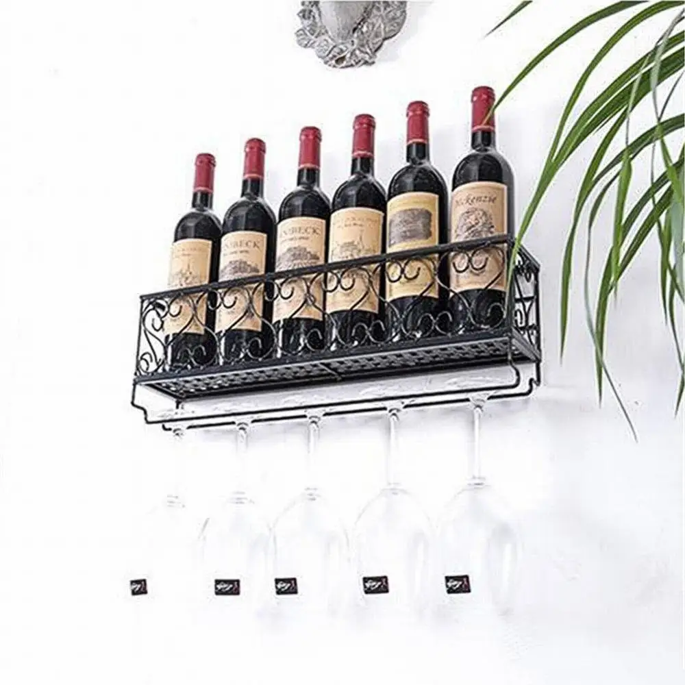

Metal Wine Rack With Bottle Holders Wall Mounted Organizer Glassware Storage Shelf Display Hanging Kitchen Bar Decor Accessory