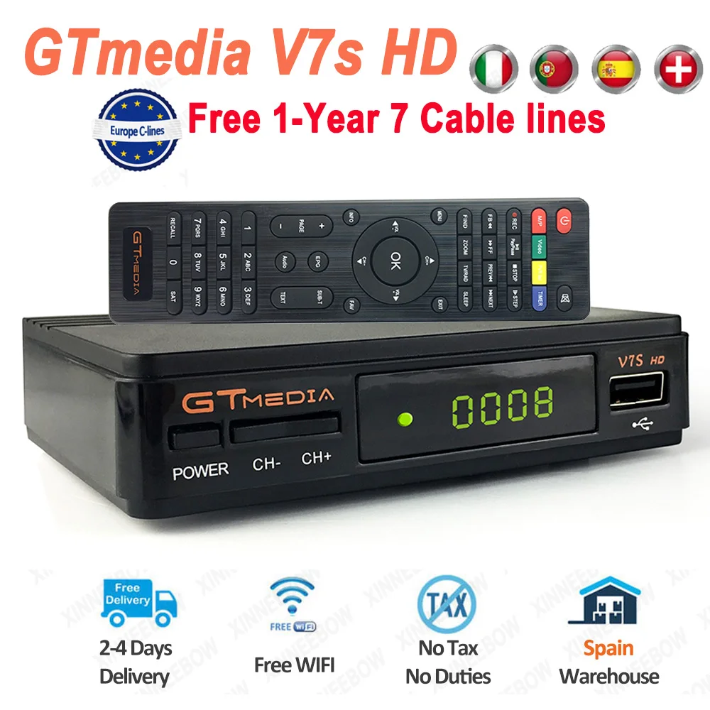 GTmedia V7S HD цифровой спутниковый ресивер бесплатно 1 год Европа 7 кабельных линий DVB S2