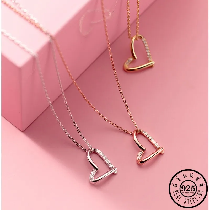 

925 Sterling Silver Cubic Zirconia Heart Shape Pendant Necklace Rose Gold Color Plated Chain Necklaces Fine Jewelry for Women