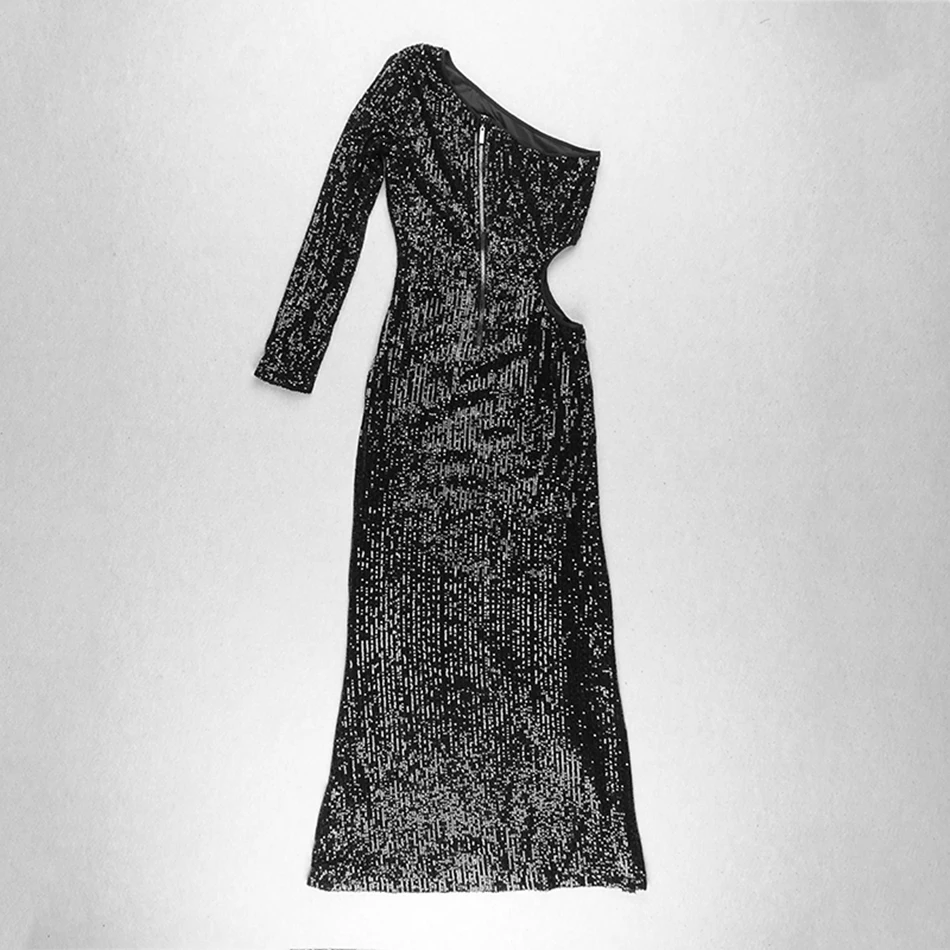 

Ailigou 2021 New Sexy One Shoulder Long Sleeve Black Dress Waist Hollow Sequin Dress Celebrity Party Maxi Vestidos