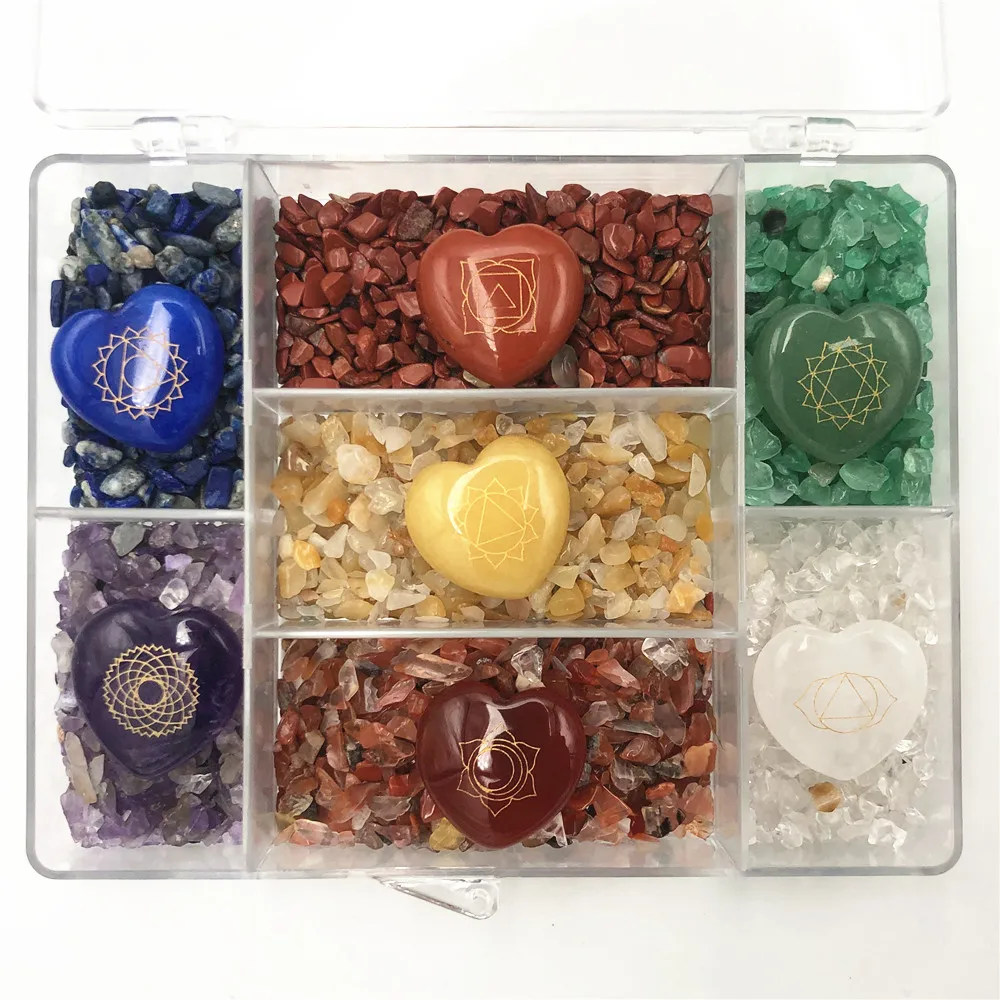 

Natural stone Set 7 Chakra Stones Symbols 7 Types Crystal Gravel Chips Set With Plastic Container Gemstones Decor Reiki Healing