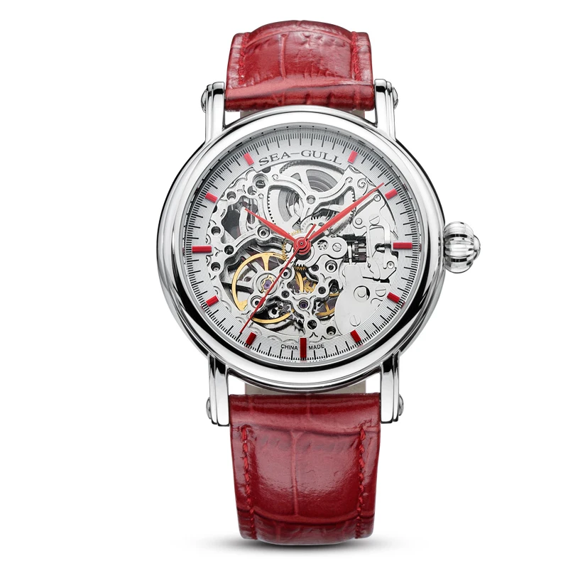 

Seagull watch MAN m182sk Automatic Mechanical women's Watch Self Winding Power Reserve Flywheel red band red needle