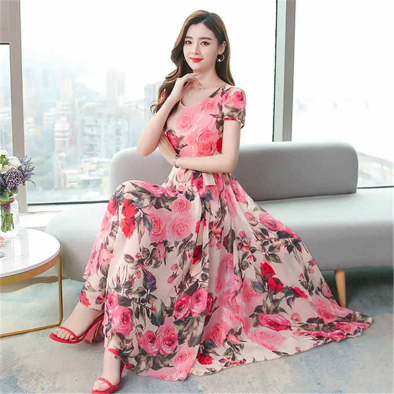 Женское шифоновое платье с коротким рукавом длинное пляжное круглым вырезом и