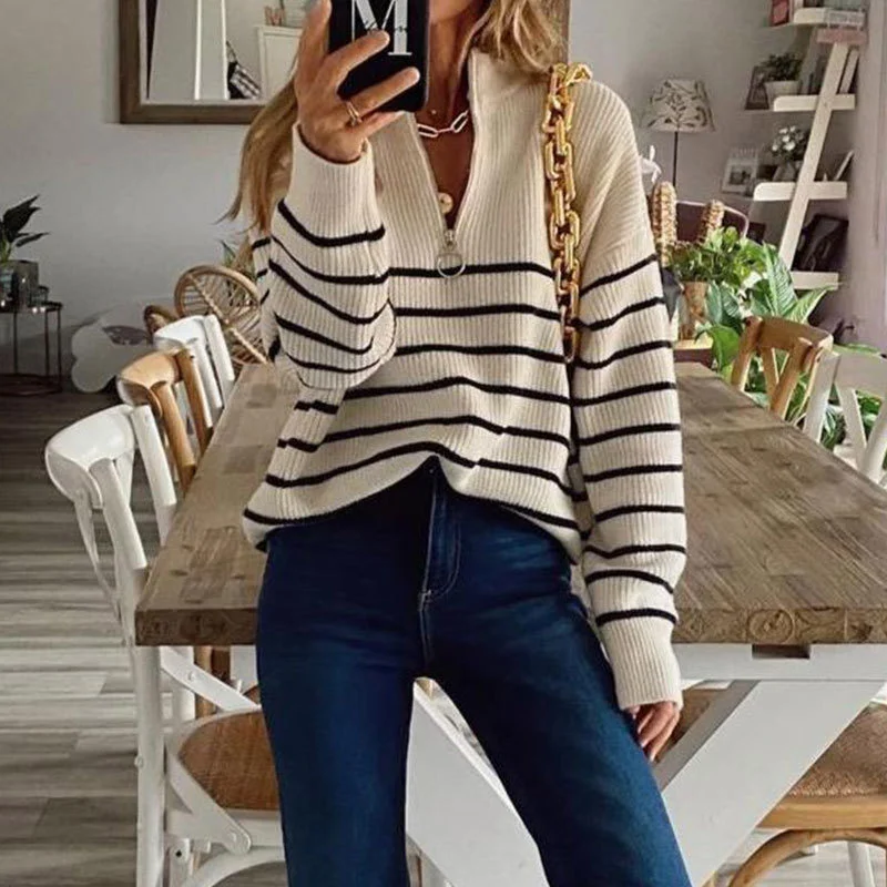 

Autumn Winter Women Casual Long Sleeve Striped Patchwork Jumpers Ladies Loose Knitted Sweaters Fashion Zip V-Neck Tops Pullover