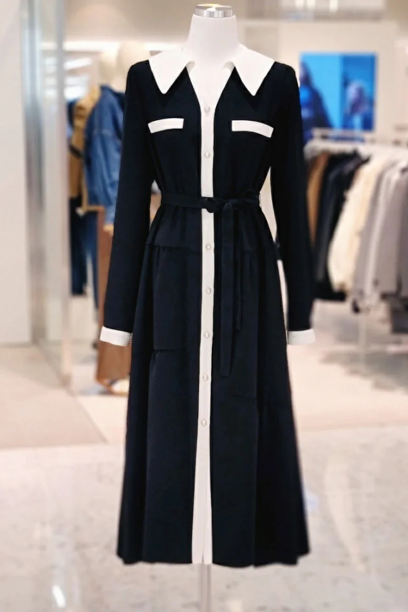 

2021 Spring New Korean Style Dress Fashion Slim Pointed Collar Dress Black and White Maxi Color Long Sleeve Dress
