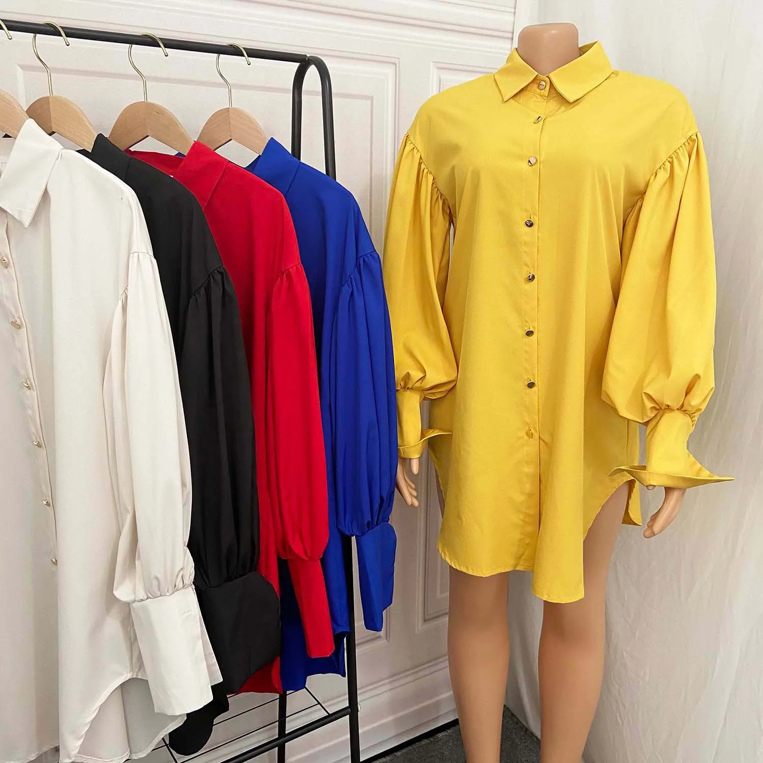 

Women Short Shirt Dress Summer Button Up Long Big Lantern Sleeves A Line Dress Fashion Female Casual Plus Size Robes Vestidos