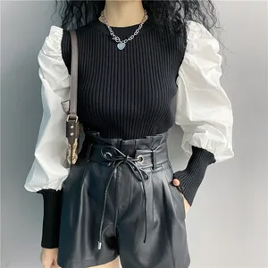 Модный дизайнерский вязаный пуловер в стиле пэчворк, топ 2020, осенняя Женская толстовка, Лоскутная Тонкая Вязаная рубашка с длинным рукавом-фонариком, укороченная