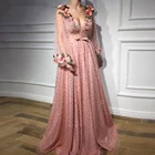 Розовое длинное вечернее платье с бусинами, Кружевная аппликация, 3D Цветы, V-образный вырез, длинные рукава, длина до пола, вечернее платье