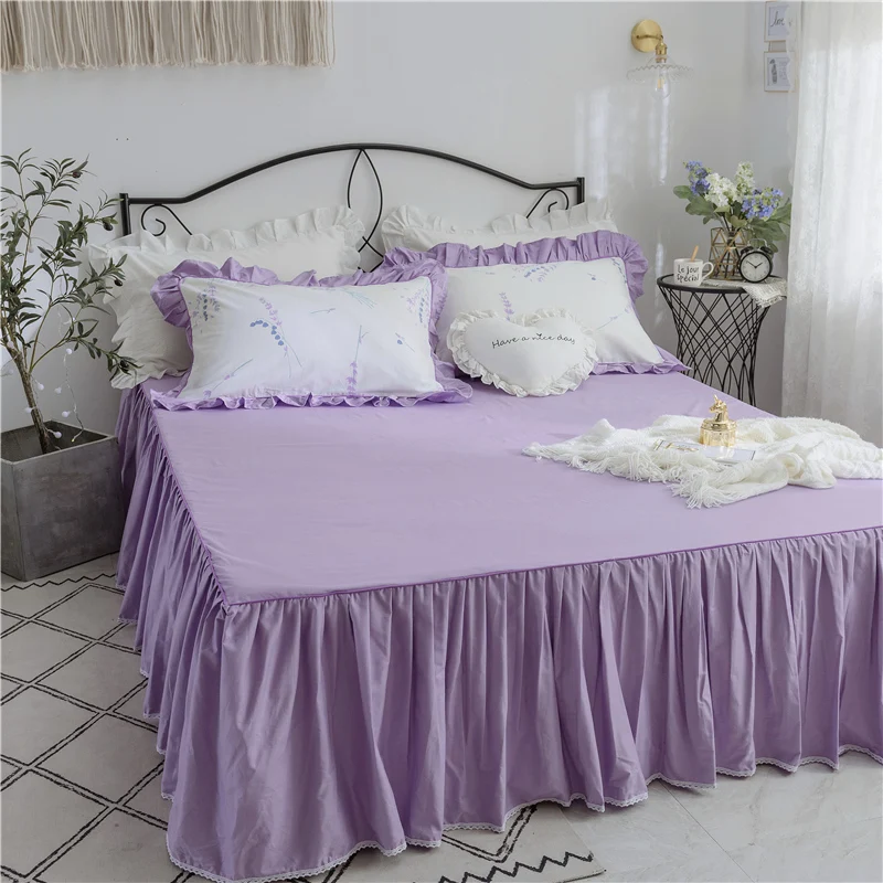 

4Pcs Luxury Cotton Bedding Set Ruffles Duvet Cover Set Bed Skirt Pillowcases Twin Queen King Flowers White Purple Bedclothes