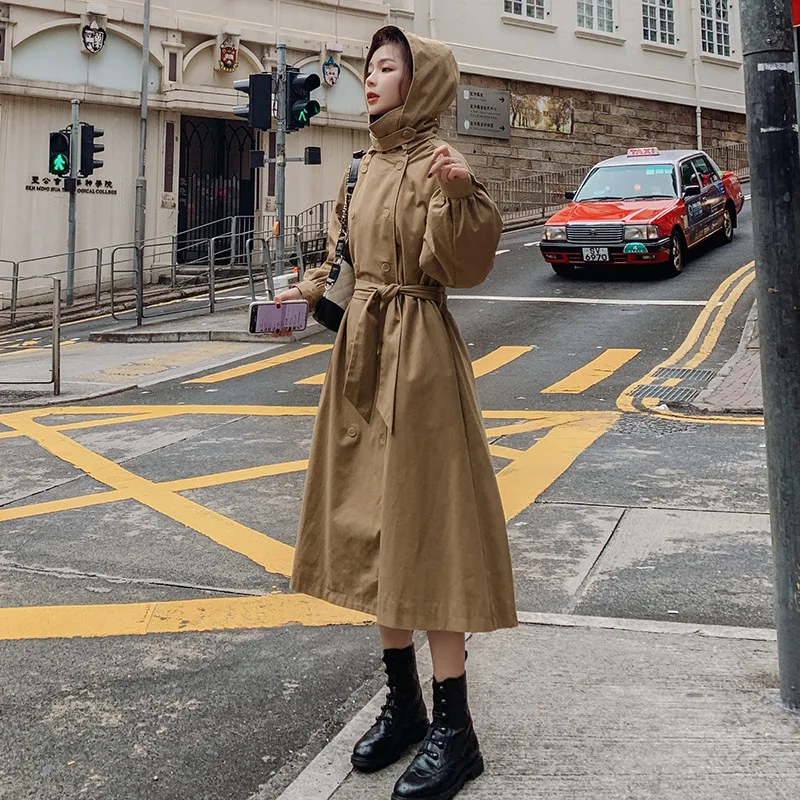 Женская ветровка 2019 Новая Осенняя Корейская версия с капюшоном двубортная