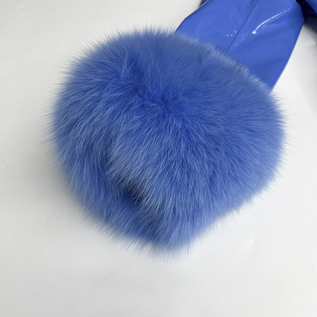 MISSJANEFUR 2021 Winter Leather Jacket Women Fashion Luxury Real Fox Fur Collar Patent leather Belted Long Trench Sheepskin Coat