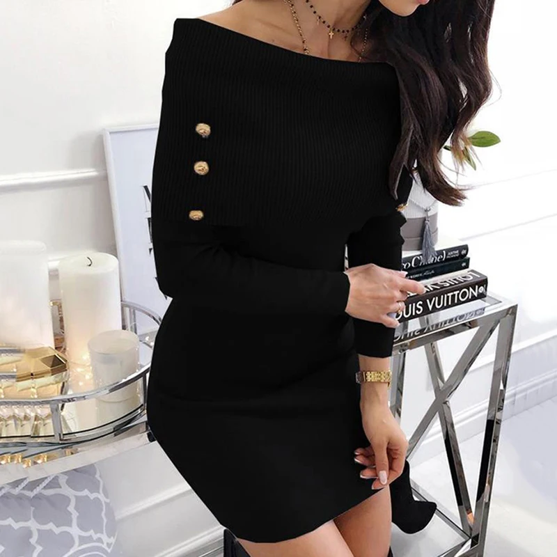 Black Slash Neck Party Dress Women Elegant Off Shoulder Button Bodycon Club Dresses Female Slim Clothing | Женская одежда