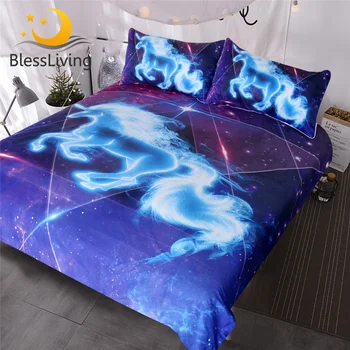 BlessLiving Galaxy Blue Unicorn Bedding Boys Girls Sparkling Star Duvet Cover 3 Piece Unicorn of The Universe Kids Bed Spread 1