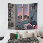 Настенный большой гобелен Morning Cat And гобелены для девочек, милый аниме богемный декор, домашний декор для гостиной, спальни