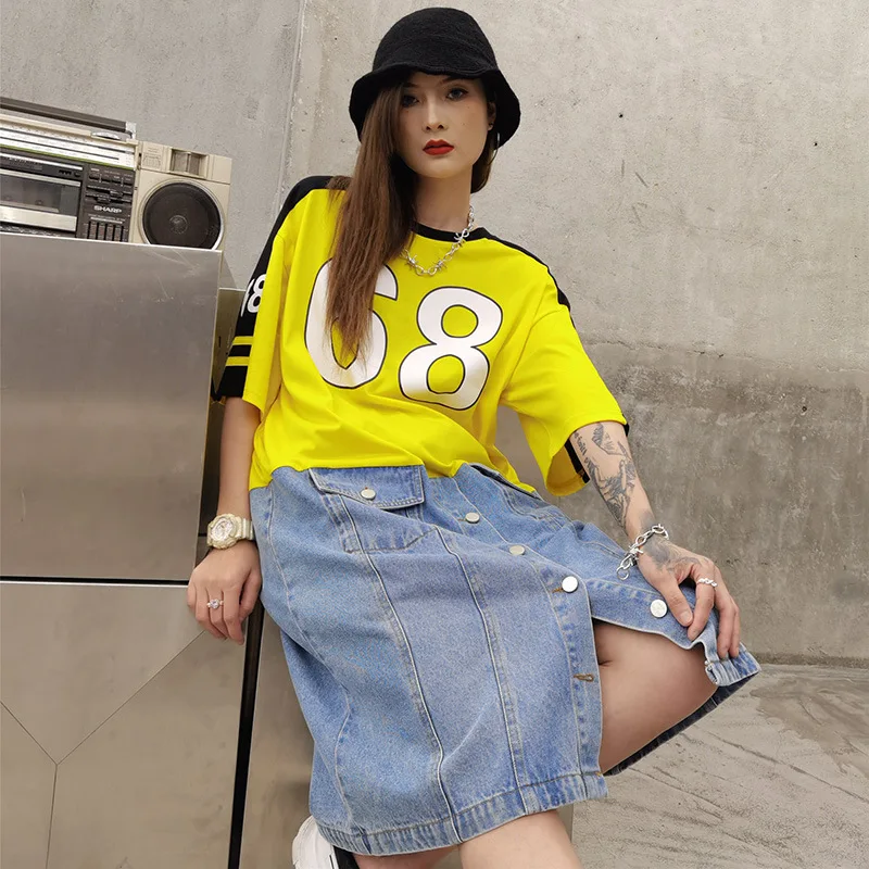 

Vefadisa Women Denim Patchwork Dress 2021 Summer Newest Women Letter Printed Dress Female Personality Dress ZQY110C