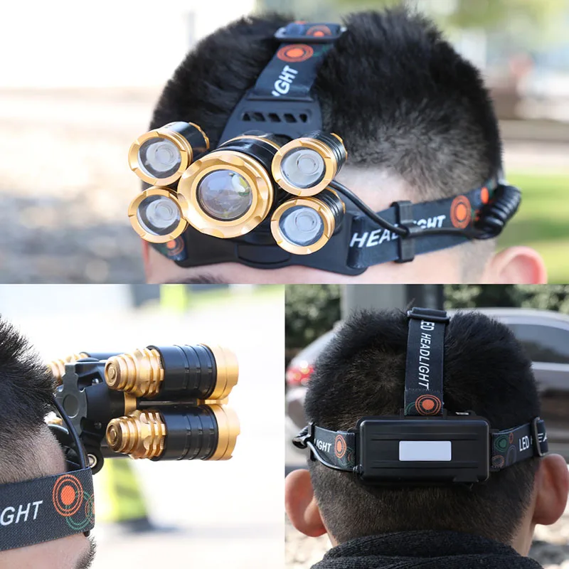 

200m Outdoor 5 LED Powerful Headlamp Waterproof Searchlight Flashlight 18650 Lithium Rechargeable Battery Fishing Headlights