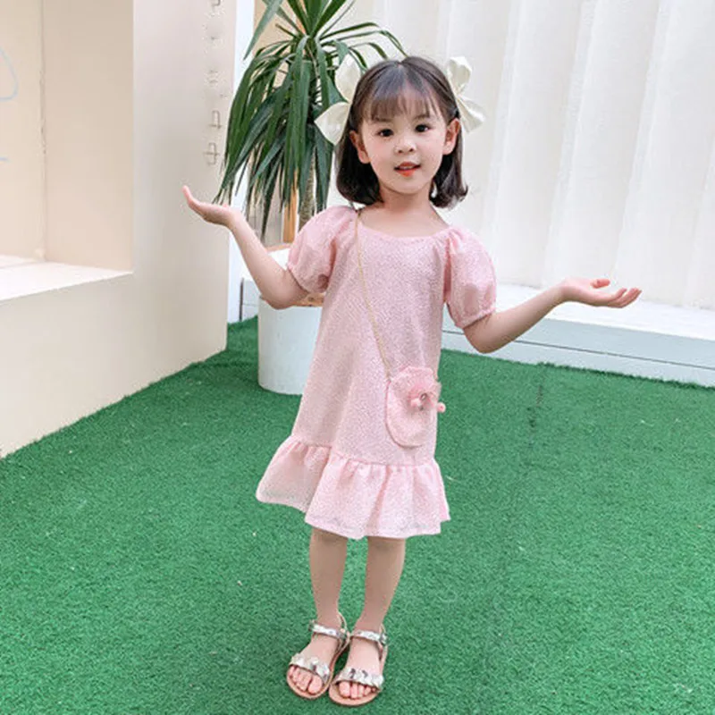 

Girls Dress 2021 Summer New Sweet Girl Lantern Sleeve Ruffled Princess Dress 3-7 Years Old Children's Clothing (Free Bag)