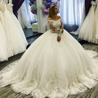 gorgeous appliques chapel train lace african ball gown wedding dress sexy scoop neck long sleeve lace princess bride gown