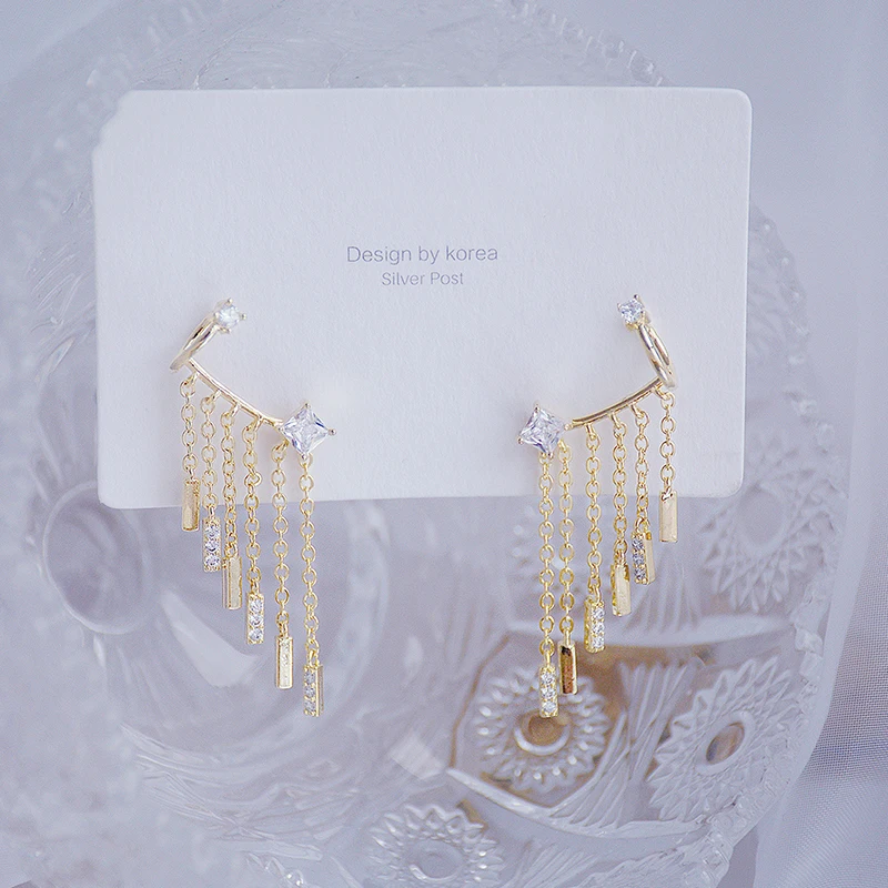 

Luxury Temperament Bling Zircon Earclip Drop Earrings Long Trendy Tassel Earrings Women Vacation Jewelry Party Gift Oorbellen