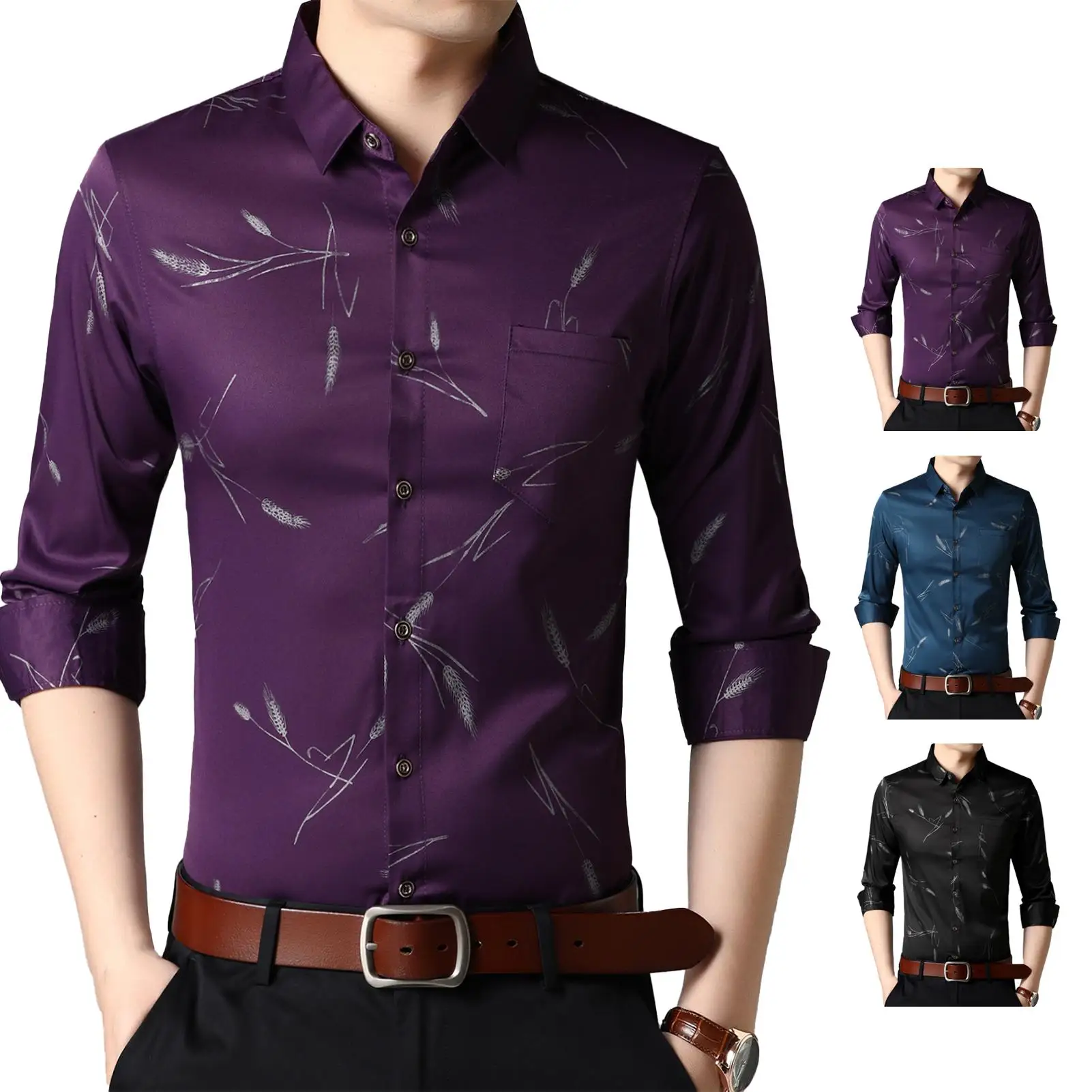 

Men Shirts Tops Casual Slim Long Sleeve Turn Down Collar Wheat Ears Print Business Office Shirt Top Social Streetwear Clothes