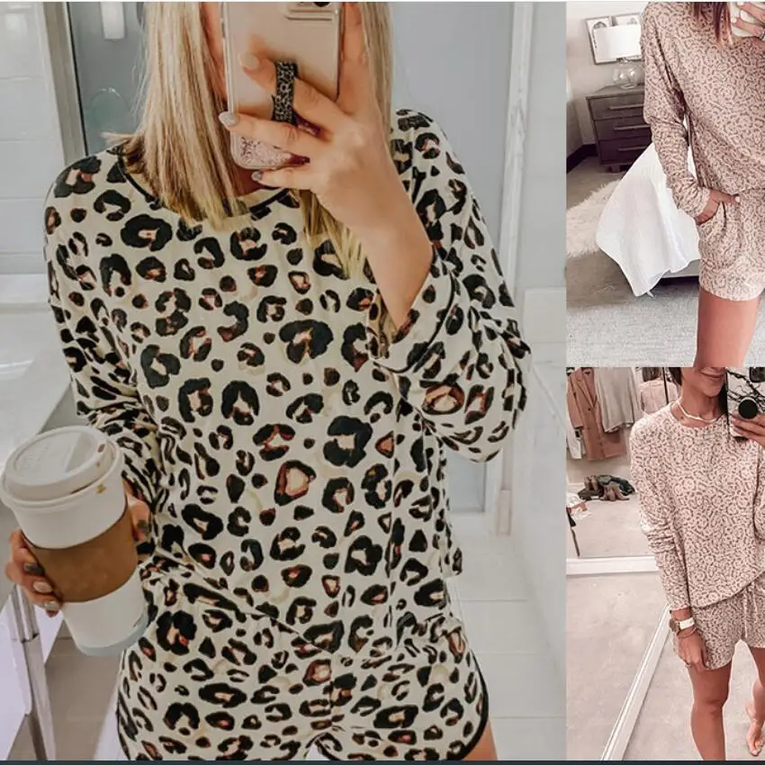 

Leopard Sleepwear Home Wear Crew Neck Long Sleeve Tops+Shorts Women's Clothes Home Suit for Women