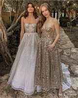sparkly gold prom dresses sweetheart spaghetti straps a line tea length evening party gown with pockets 2021