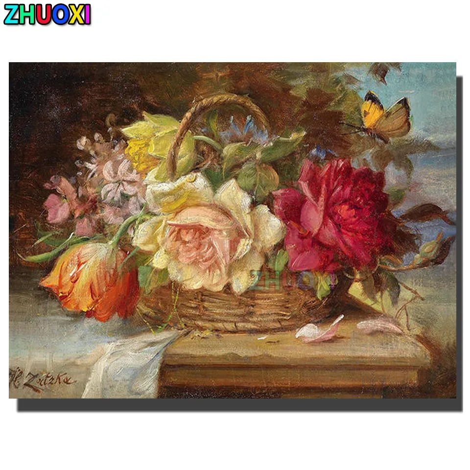 

Полноразмерная/круглая алмазная живопись, натюрморт, цветочная корзина и бабочка, вышивка, пазл, мозаика, искусство вышивки крестиком, Наст...