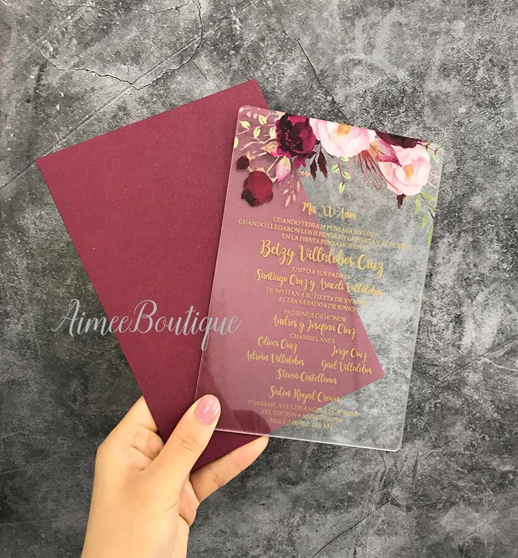 Бордовые Цветочные акриловые свадебные приглашения AI017 | Дом и сад