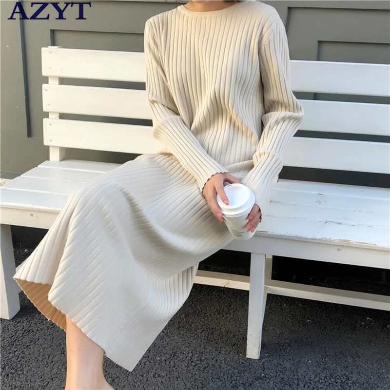

Женское длинное трикотажное платье AZYT, элегантное однотонное облегающее платье с длинным рукавом, весна-осень 2022