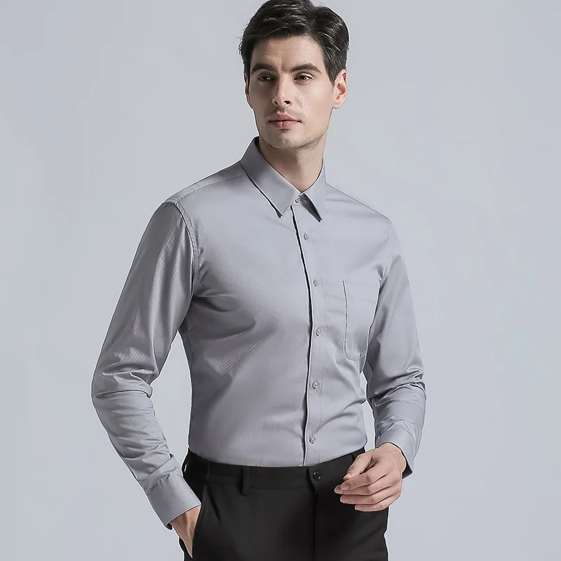 High Quality Men's Dress Shirt Brands New Fashion Formal Regular Fit Shirts Business Long Sleeve with Cufflink Solid Color Gray