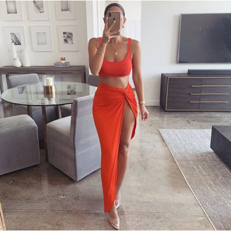 

Summer Lady Street Strap Milk Silk Medium Length Open Back Solid Color Pleated High Fork Two Piece Irregular Dress Suit