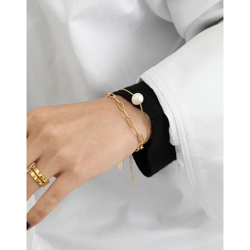 

1pc 18K Gold Authentic 925 Sterling silver Freshwater Pearl Chain Bracelet Wrist Charms fine Jewelry TLS382